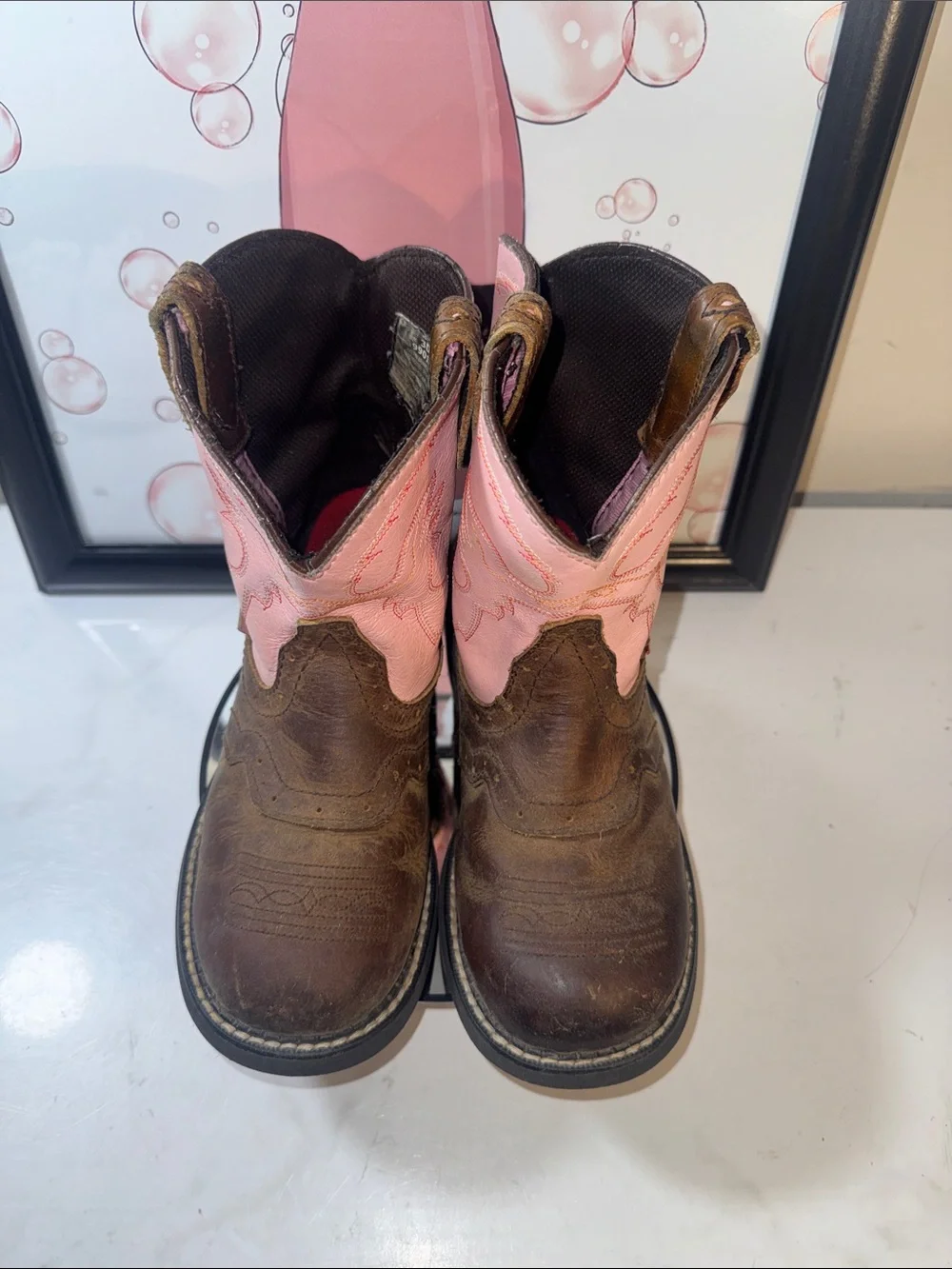 Justin Gypsy Girls Pink Shaft Brown Leather Western Cowboy Boots - Size 3D